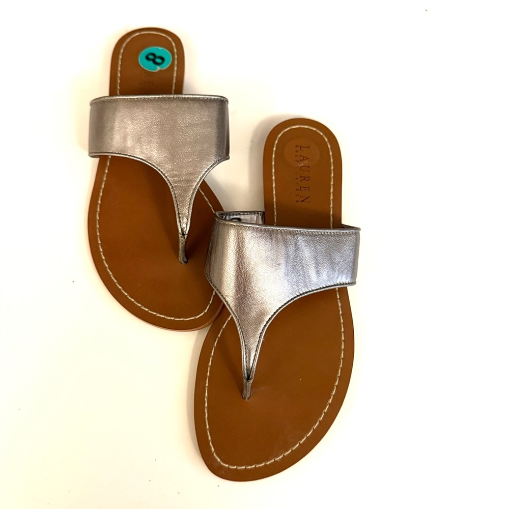 Ralph Lauren Silver and Tan Sandals in size 8.